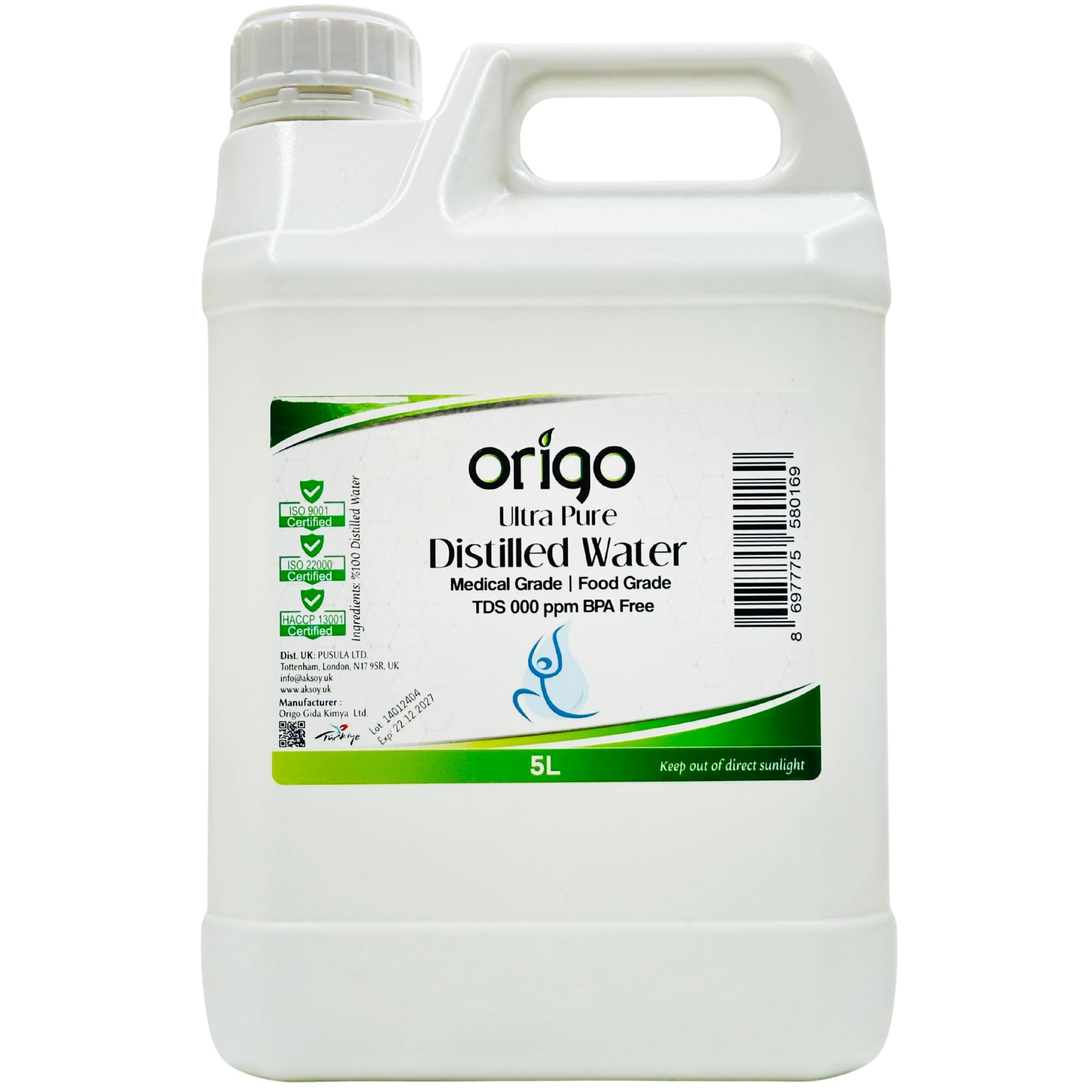 Origo Distilled Water - 100% Ultra Pure Water 5L | Advanced Purification Technology, Ultra Pure Water for Laboratory, Battery, Steam Iron, and General Everyday Use!