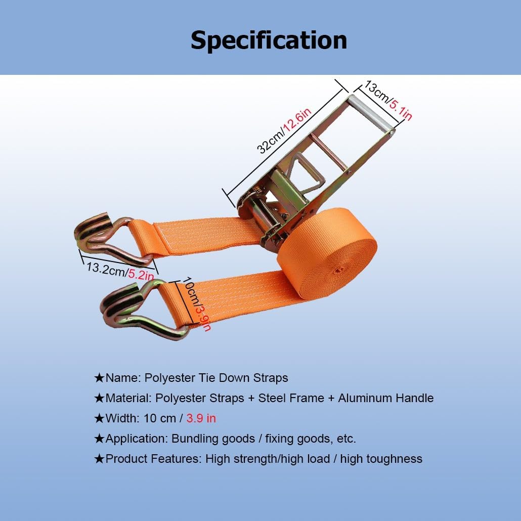 4 Inches Wide 4 MM Thick 6.6-65.6' Long 33069 LBS Working Load Ratchet Tie Down Straps with Double J Hook for Moving Truck Trailers Motorcycles Kayaks Car Roof(2.0m/6.6Ft)