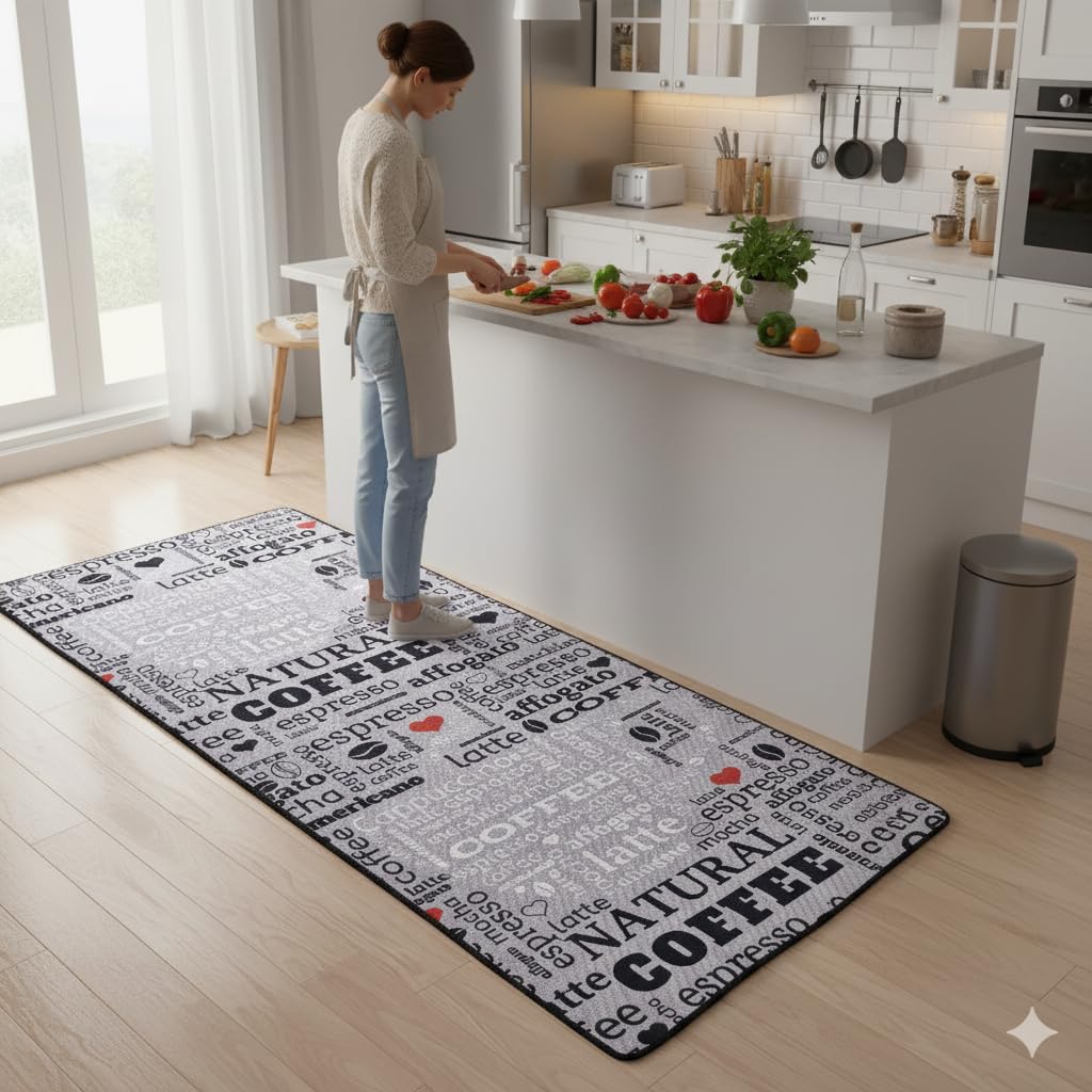 Tapis de Cuisine Moderne en Gel, Gris, Blanc, Noir, avec Motif de Sol antidérapant et Inscription café Macchiato (Gris, 60 x 200 cm)
