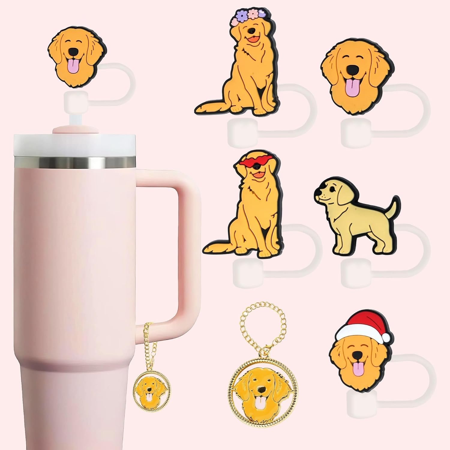 Golden Retriever Straw Topper, 10mm (0.4in) Cute Dog Straw Covers for Stanley Cup - Golden Retriever Accessories, Stuff, Things, Gifts for Women, Kids, Girls