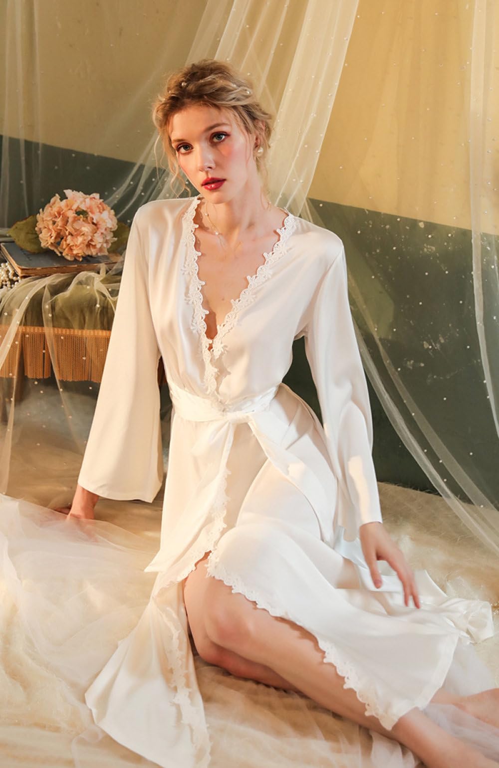 Kimono Sexy Sin Espalda Camisón de Satén Sedoso Bata de Novia Albornoz Largo de encaje Floral Ropa de Dormir con Cuello en V para Mujer Fiesta de Camisón de Boda,Blanco,L