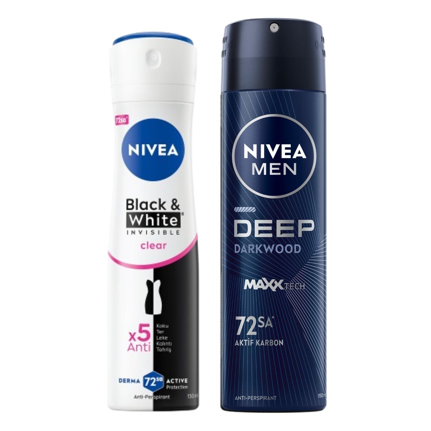 NIVEA Kadın Sprey Deodorant Black&White Invisible Clear 150 ml + NIVEA MEN Erkek Sprey Deodorant Deep Dimension Darkwood 150ml