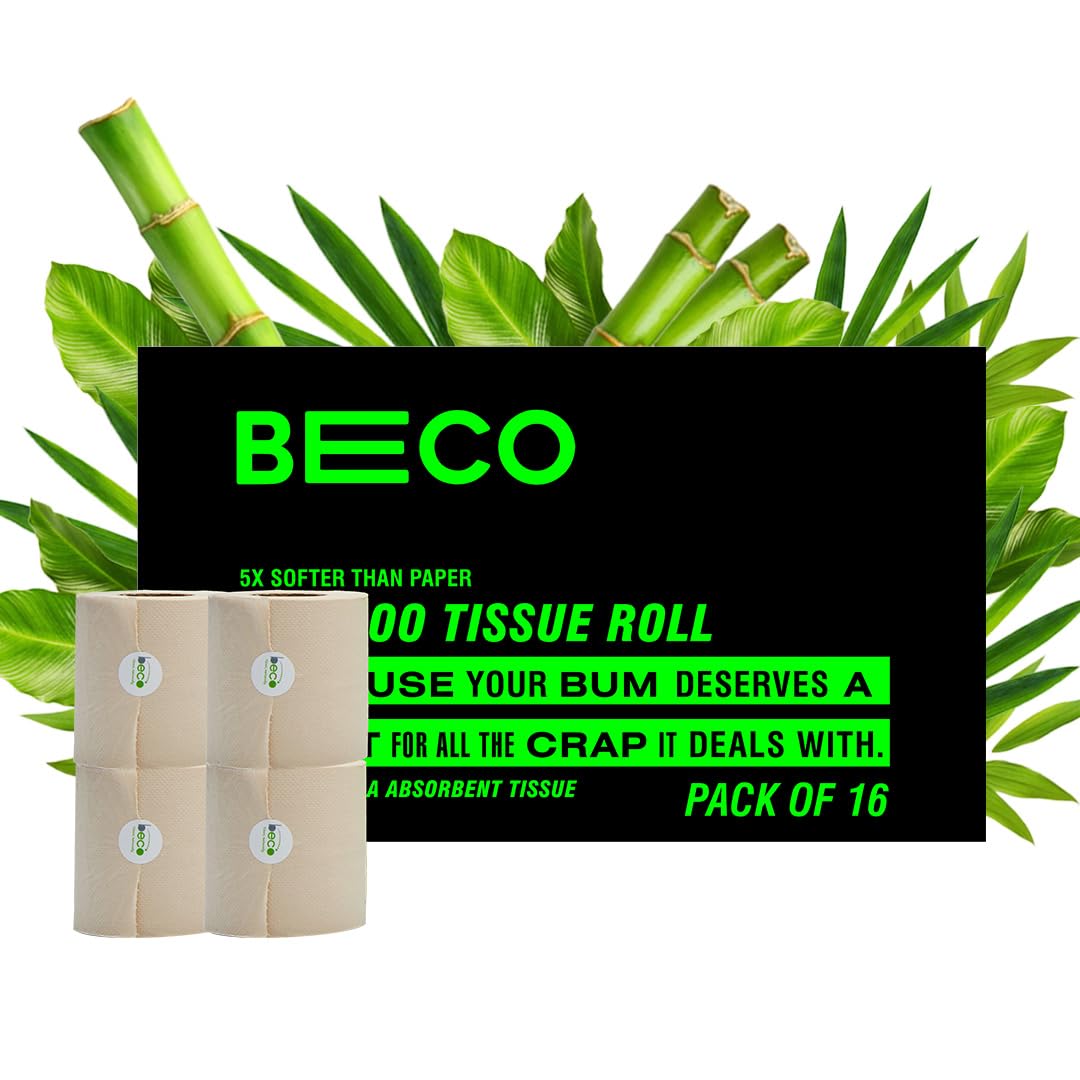 Beco Rollo de papel higiénico de bambú de 3 capas, 220 tiradores cada paquete de 16, 100% natural, sin blanquear y ecológicos
