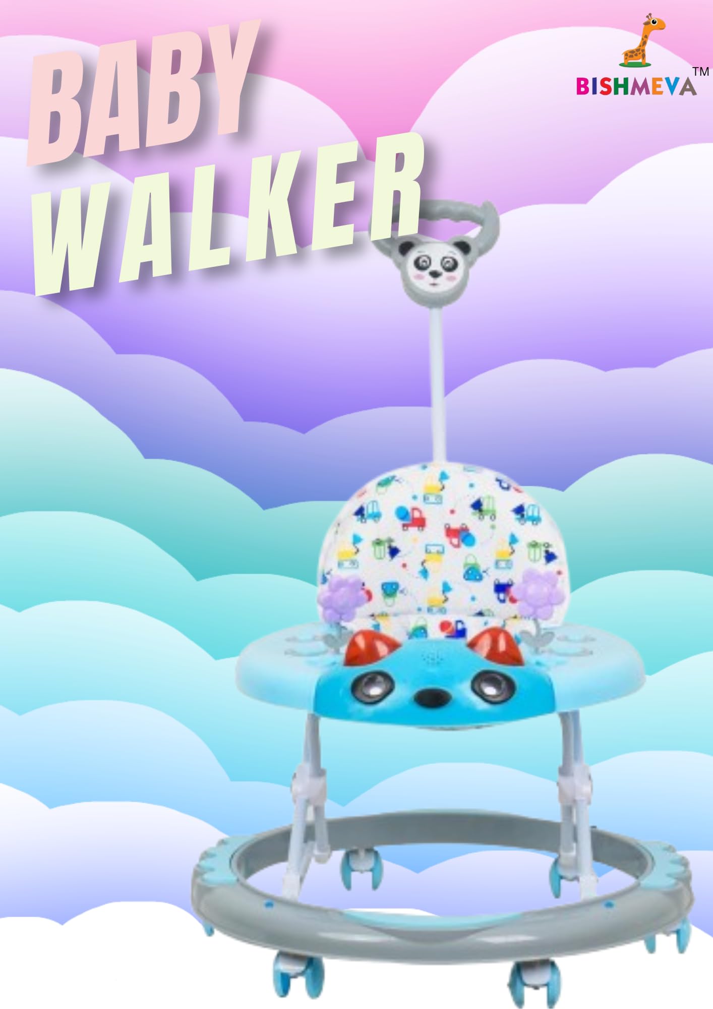 BISHMEVA Baby Walker 6-24 Months / 3 Level Height Adjustment Walker for Kids Boy and Girl Baby Walker | Baby Walker with Parental Handle, Music & Stopper | 6-48 Months | Walker for Baby | Multifunctional & Adjustable | Kitty Walker