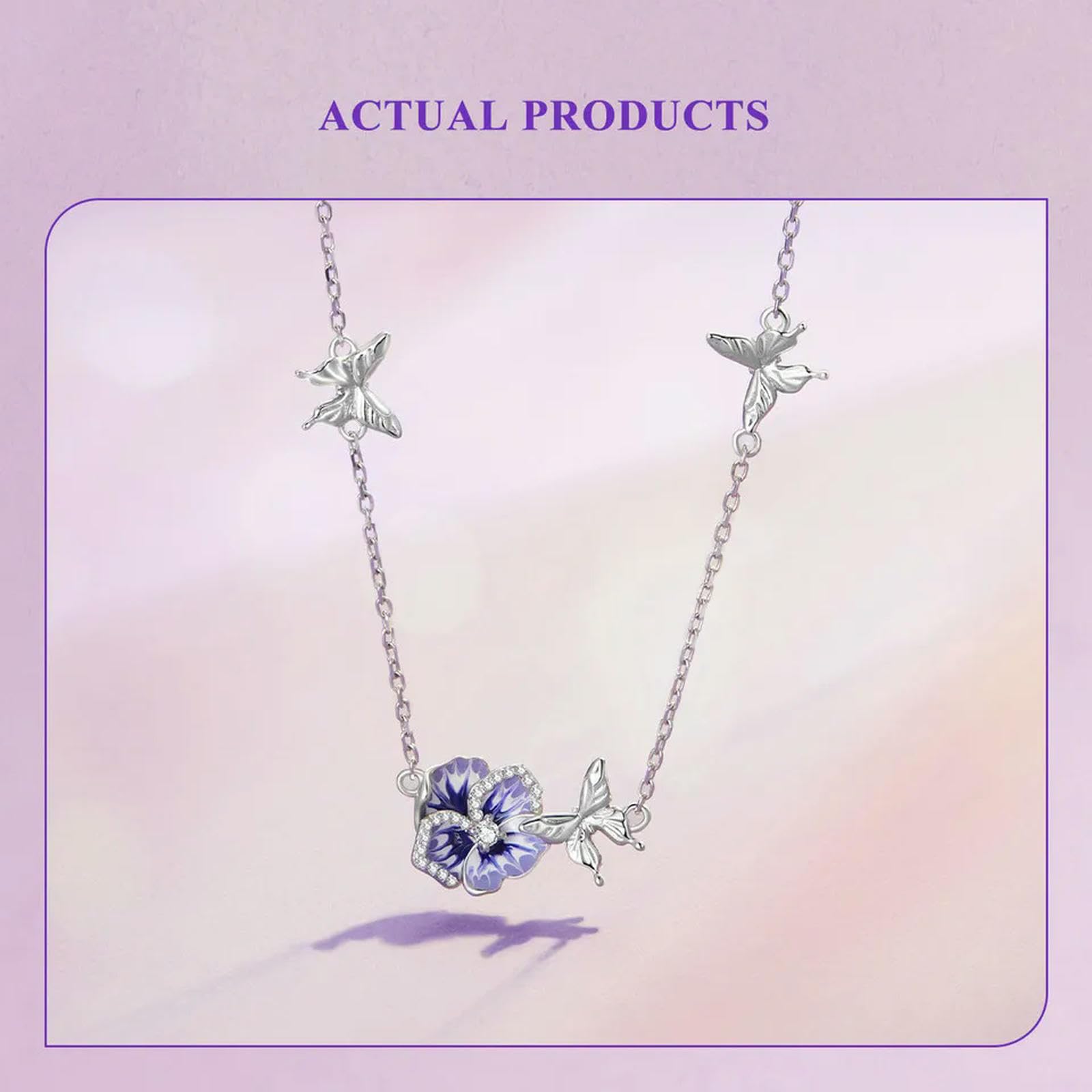 Collar Con Colgante De Flor De Pensamiento Esmaltada Morada En Plata De Ley 925, Cadena Ajustable Para El Cuello Con Mariposa Danzante Para Mujer