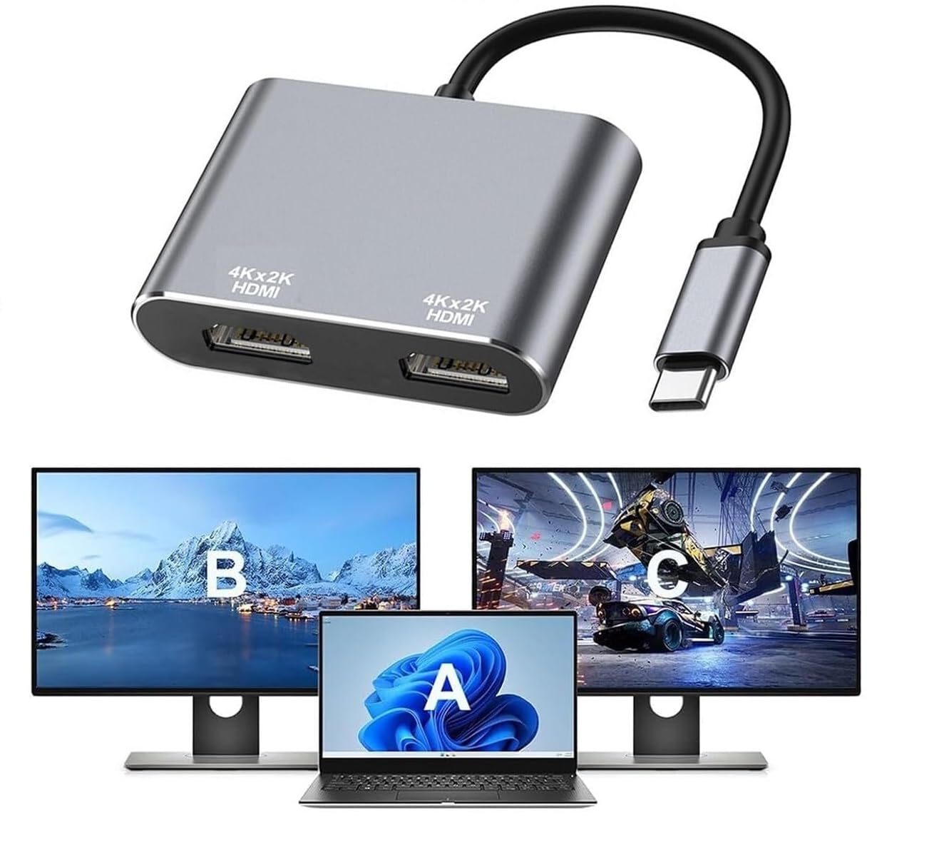 USB C to Dual HDMI Adapter 4K@60hz, Type C to HDMI Splitter for 2 Monitors, USB C Hub Extend Display for MacBook Air/Pro, More Laptops with Thunderbolt 3/4 Ports