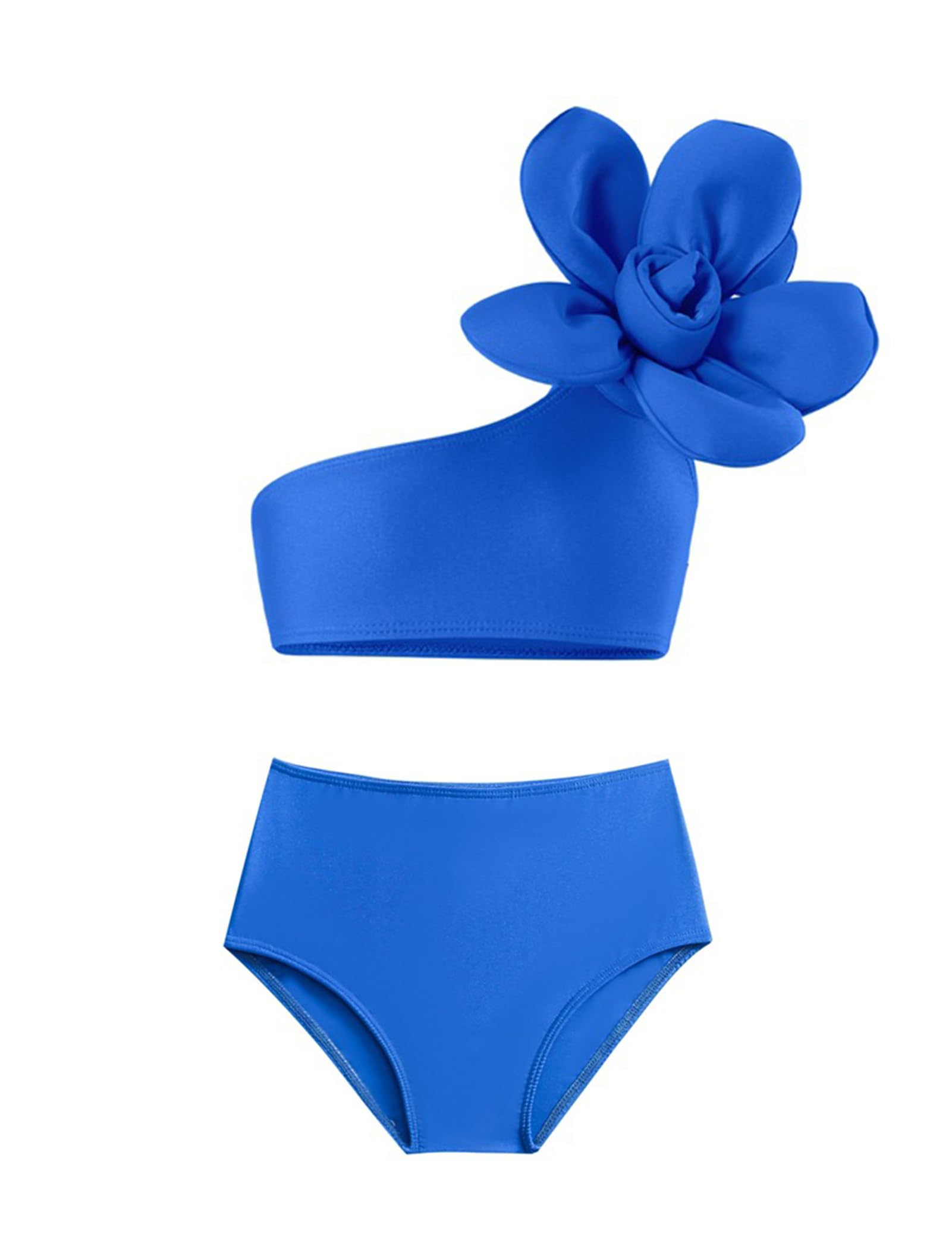 IDOPIP Girls 3D Flower One Shoulder Swimsuit Bikini Sets Kids Two Pieces Bathing Suits Toddler Ruffle Beach Swimwear Solid Color High Waisted Cover up Swimsuits Costume Blue 5-6 Years