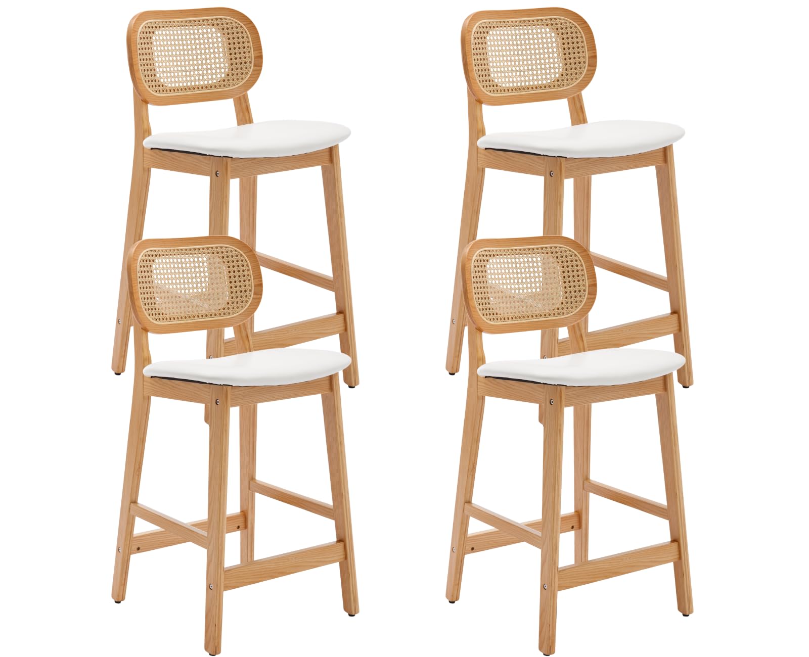 CIMOTA Rattan Leather Bar Stools Set of 4, Farmhouse Wood Barstools Boho Kitchen Island Stools Comfortable Upholstered Counter Height Bar Chairs, 26 Inch/Natural Wood/PU White