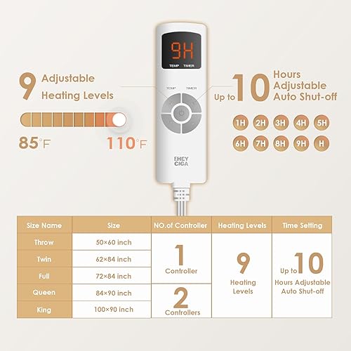Miniatura 4 de EHEYCIGA Manta térmica eléctrica de piel sintética, tamaño matrimonial, 10 horas de apagado automático, 9 niveles de calefacción, manta térmica