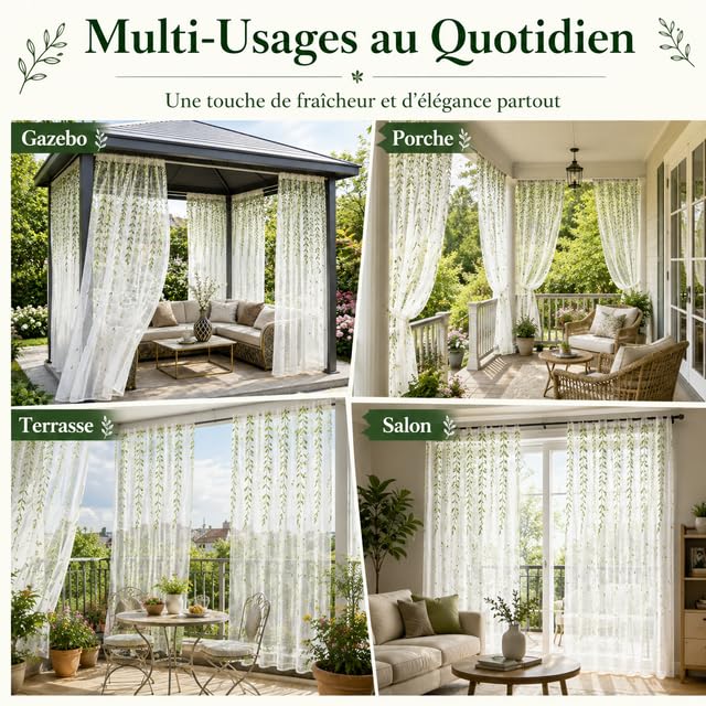 Lot de 2 Rideaux Extérieurs Brodés en Mousseline, Voilage Anti-Moustiques Haute Densité, Finition Manchon, Design Feuillage Élégant pour Patio, Pergola, Gazebo, Terrasse(140LX175H cm)