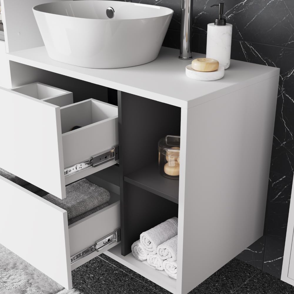 Vicco Mueble bajo Lavabo Viola, Blanco/Gris, 80 x 60 cm | con 2 cajones, con recorte para sifón para montaje mural