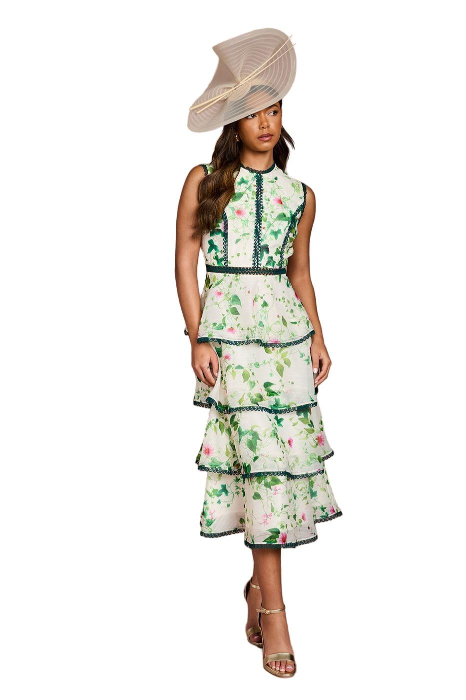 Coast Women's Ivory Lace Trim Tiered Printed Organza Midi Dress, 14,