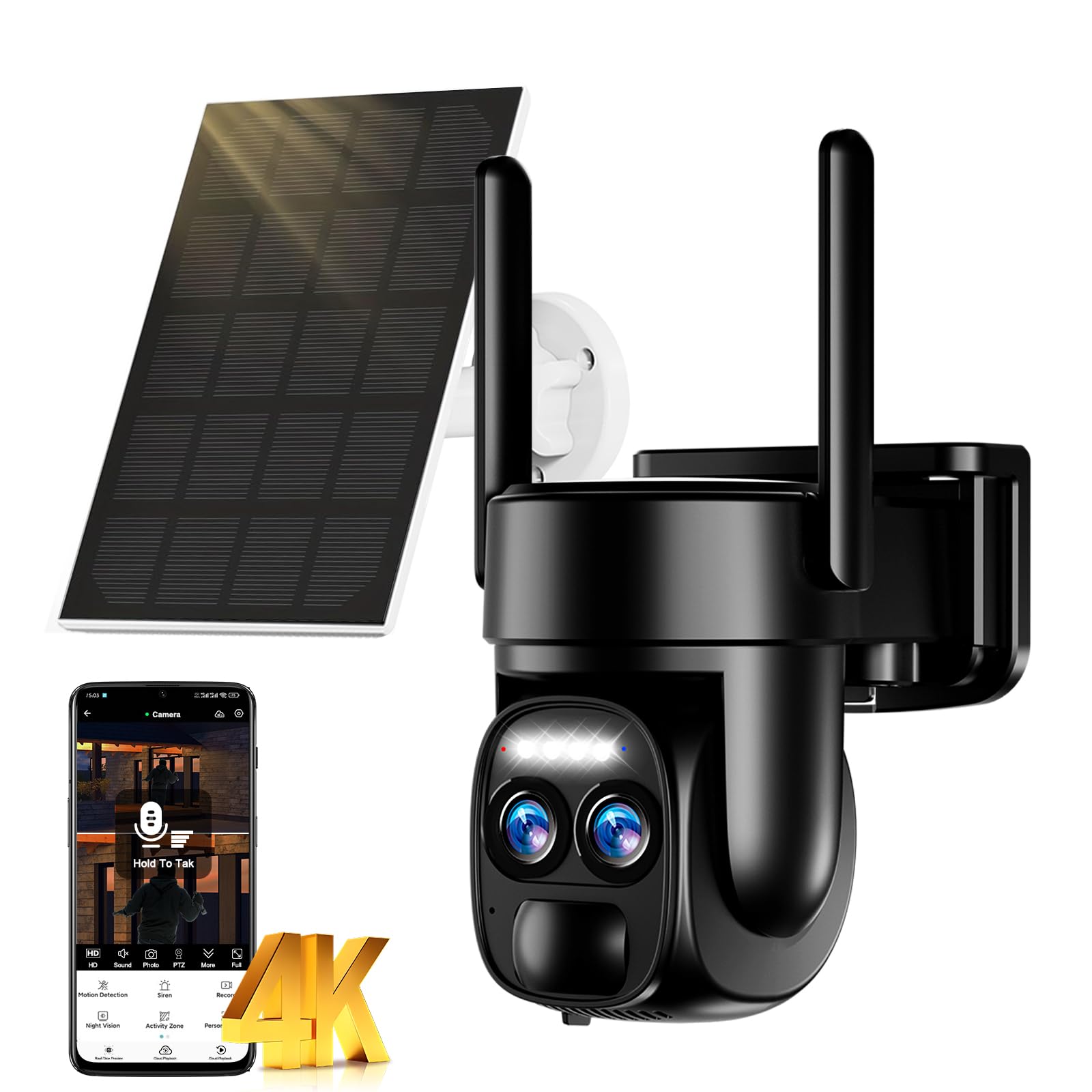Abiso 4K - Telecamera di sorveglianza WiFi esterna senza fili, batteria a pannello solare, 360° PTZ, camera esterna/interna, 2,4 G/5 GHz, doppia lente, visione notturna, colore: audio bidirezionale
