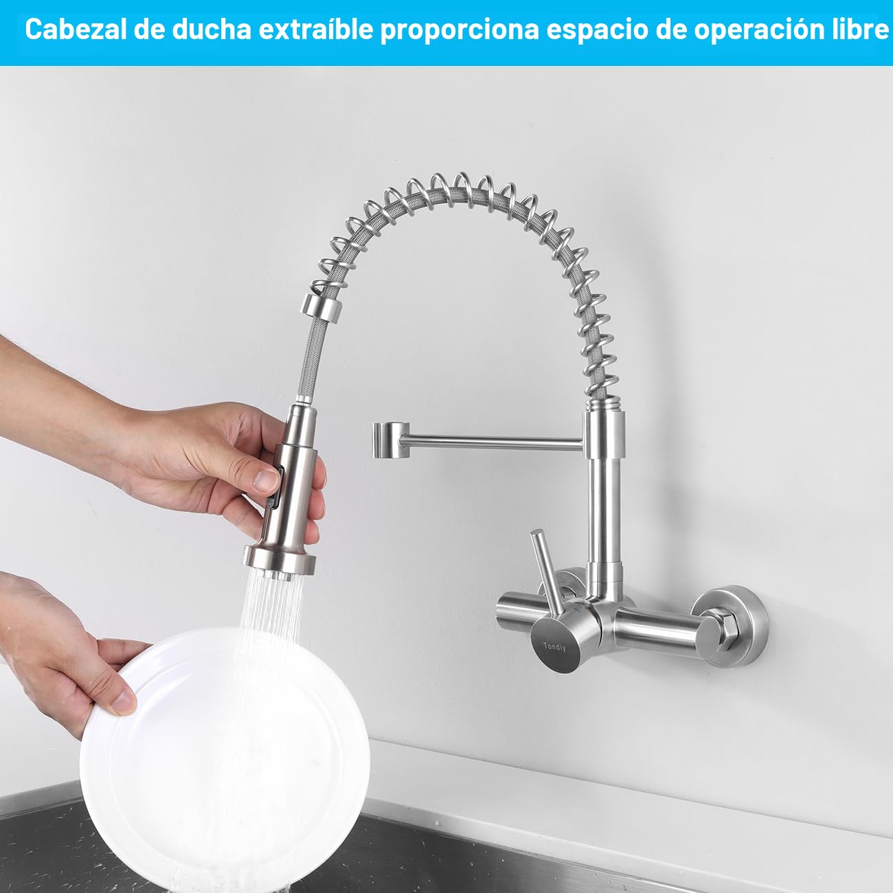 Grifo Cocina de Pared Flexible 15cm con Ducha de 2 Modo, Grifería de Fregadero Mural Giratorio a 360​°, Mezclador Resorte de Acero Inoxidable 304, Aireador Extraíble, Alta Presión