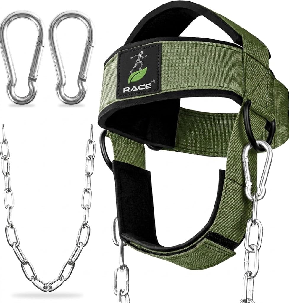 Race Fitness Neck and Head Strengthening Equipment Weight Harness Thick Padded Adjustable Strap with Heavy Duty Steel Chain & Rings for Gym Crossfit Fitness Training Injury Rehab (Militay Green)-image-15
