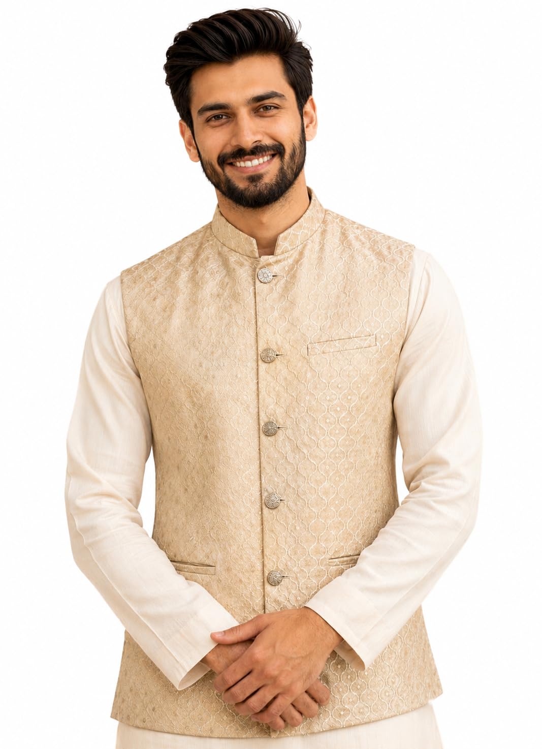 Men’s Beige Woven Textured Festive Jacquard Nehru Jacket (HOPMJ624_L)-image-36