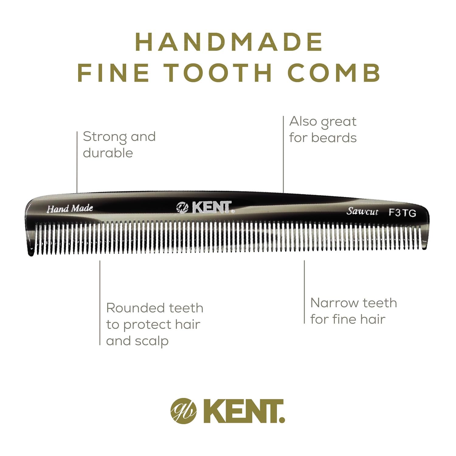 Kent F3T - Peine de dientes finos de grafito negro, peine para separar y alisar el cabello para hombres y mujeres, corte de sierra y pulido a mano, fabricado en Inglaterra