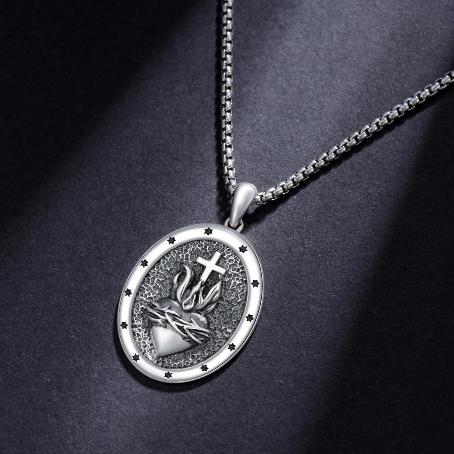 Cross Jesus Christ Sacred Heart Medal Divine Love Flame Necklace S925 Sterling Silver Sacred Heart of Jesus God Necklace Devotional Christian Amulet Unique Jewelry Gift for Men Him4