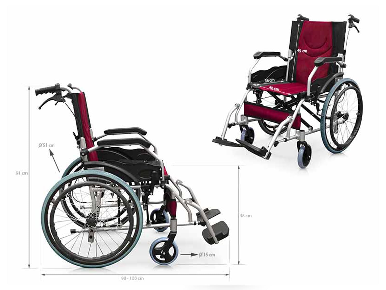 QUIRUMED - Silla de ruedas plegable PRO LIGHT de aluminio | Fácil de manejar y plegar | Reposabrazos fijos, Reposapiés abatibles | Frenos manuales, Negro y Rojo, Aluminio