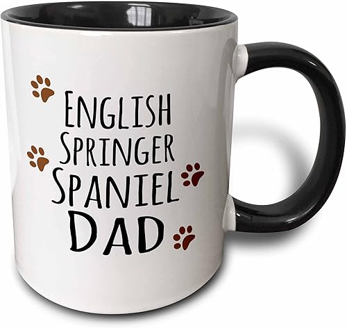 3dRose English Springer Spaniel Dog Dad-Doggie by breed-brown muddy paw prints - Taza de cerámica, 11 onzas, negroblanco