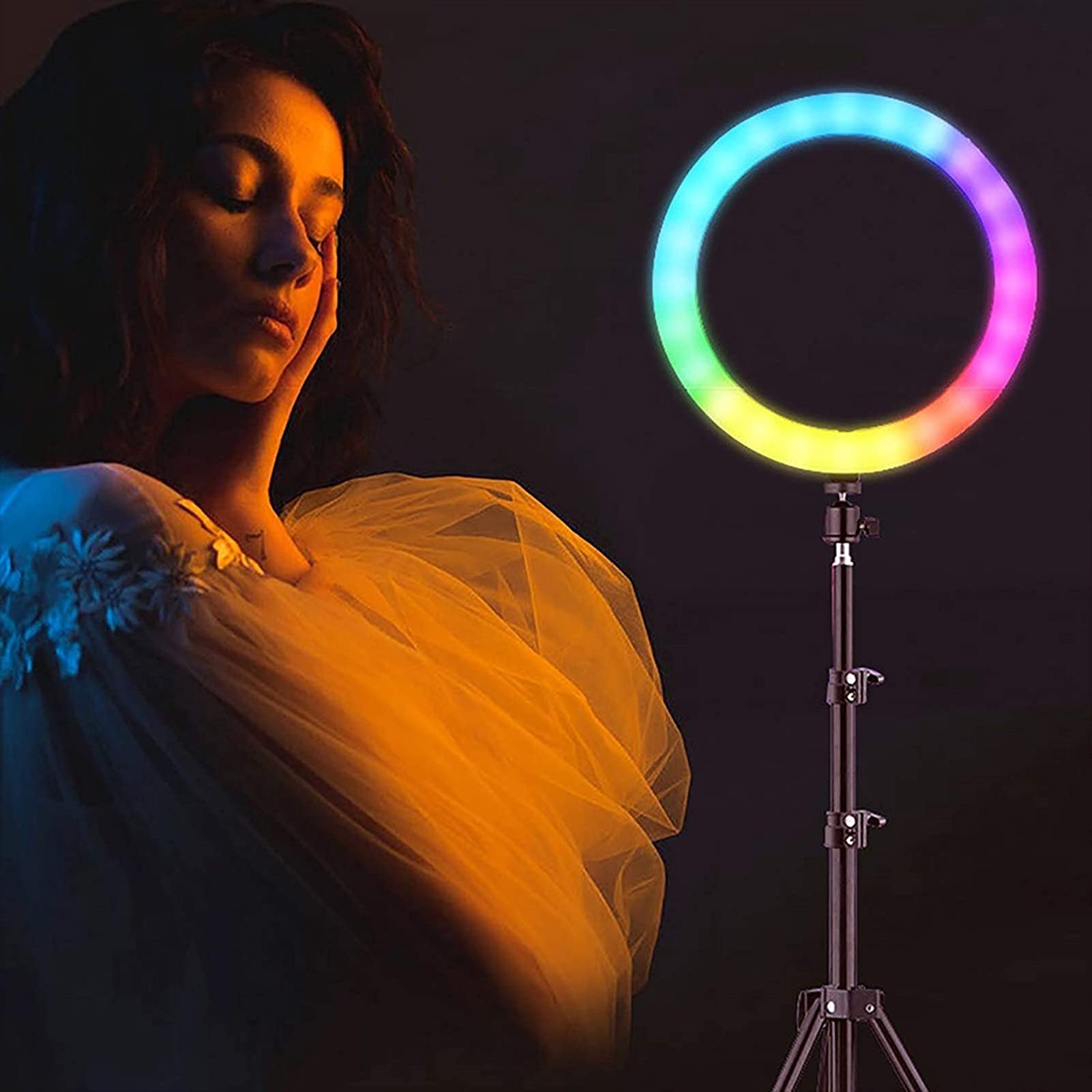 Anello Luminoso RGB da 12 Pollici con Kit Supporto treppiede - Anello Luminoso Circolare a LED per Selfie a Colori dinamici con Supporto per Telefono e Telecomando per Illuminazione per Fotografia d