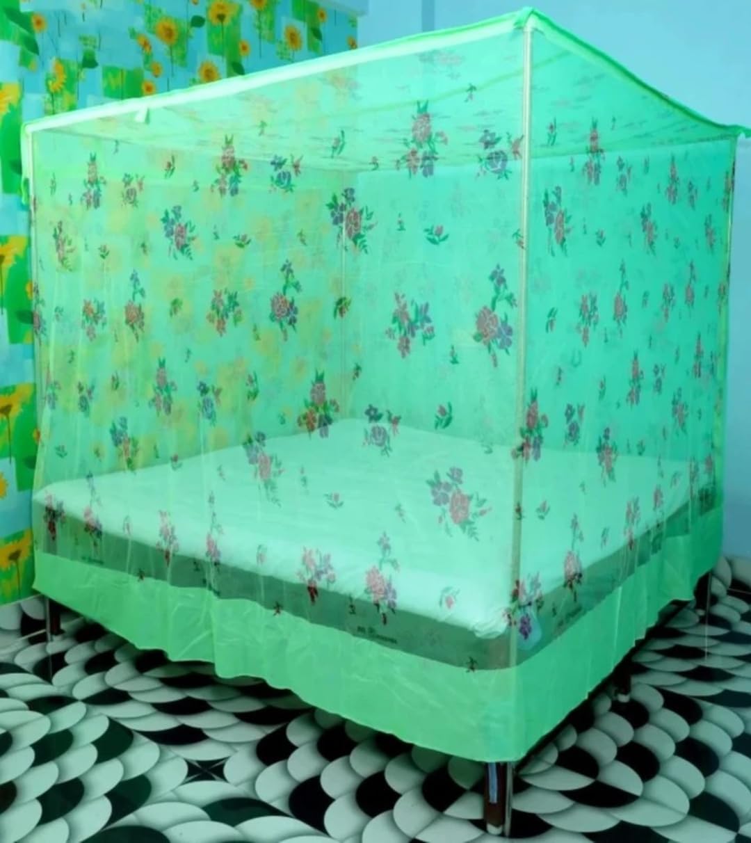 Mukta Collection Mosquito Net, Double Bed Size 6x7 ft, Foldable Polyester, Green with Floral Print-image-20