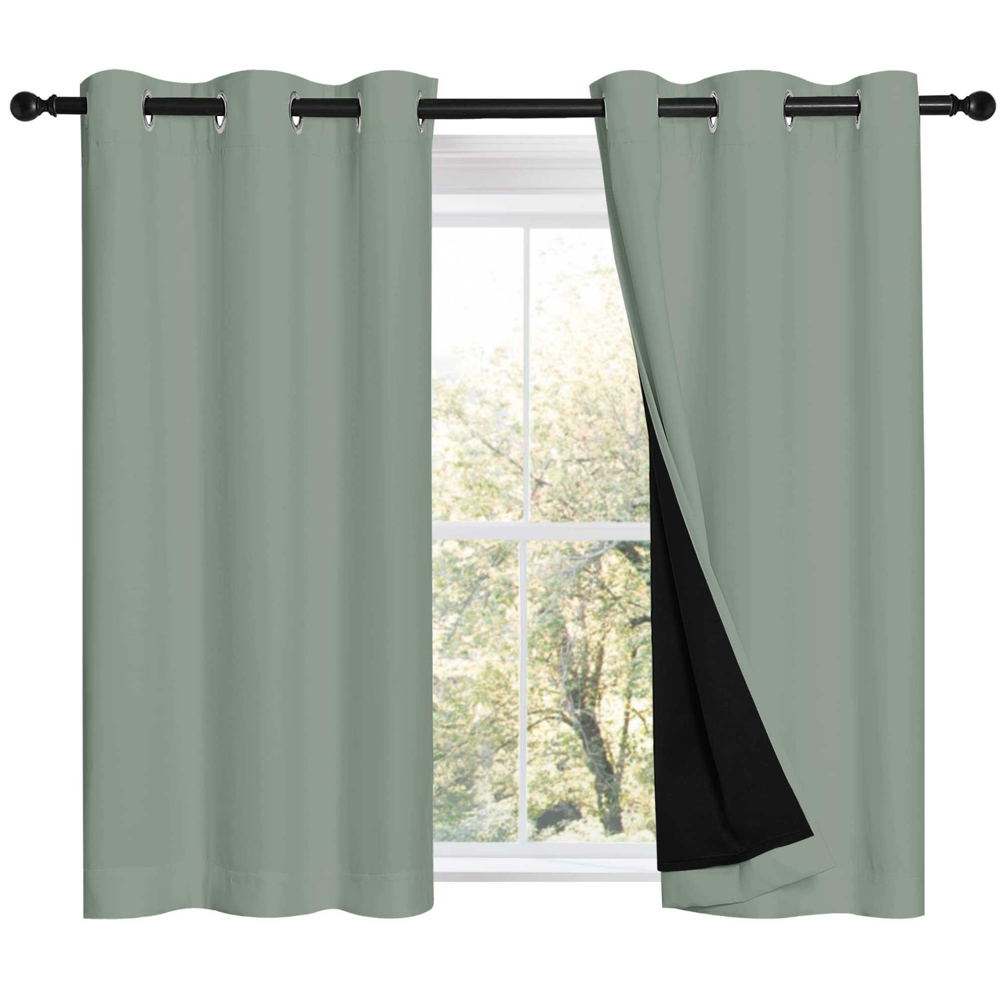 NICETOWN Greyish Green 100% Blackout Curtains 45 inches Long, 2 Thick Layers Completely Blackout Window Treatment Thermal Insulated Lined Drapes for Small Window (1 Pair, 42 inches Width Each Panel)