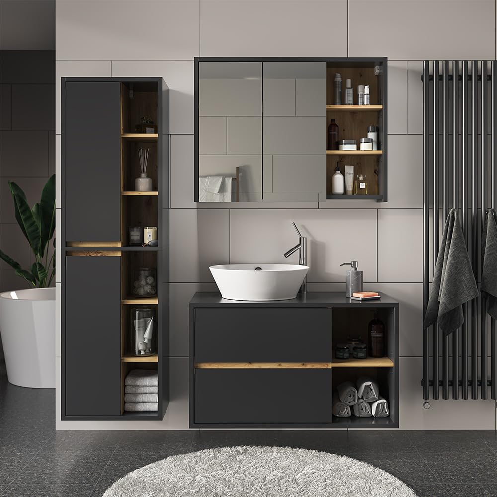 Vicco Armadio per il bagno Viola, Antracite, 50 x 170 cm con ante e vani a giorno, adatto al montaggio a parete e combinabile con altri mobili Viola