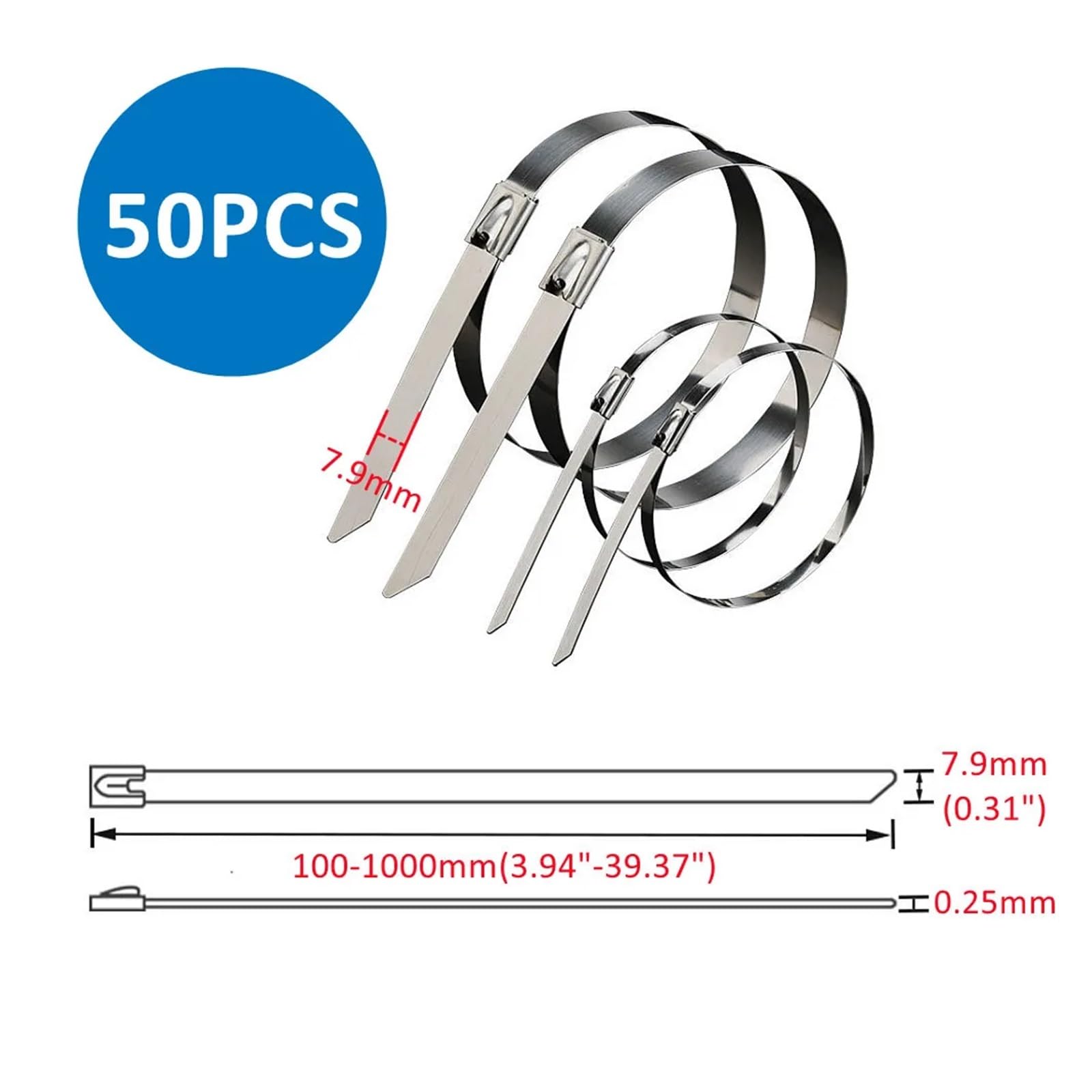 10 20 50 100 Uds 7,9mm 0,31 pulgadas bola autoblocante bridas for cables de acero inoxidable 304 envoltura de escape recubierto bloqueo Metal Zip-escape(50PCS,7.9x450mm)