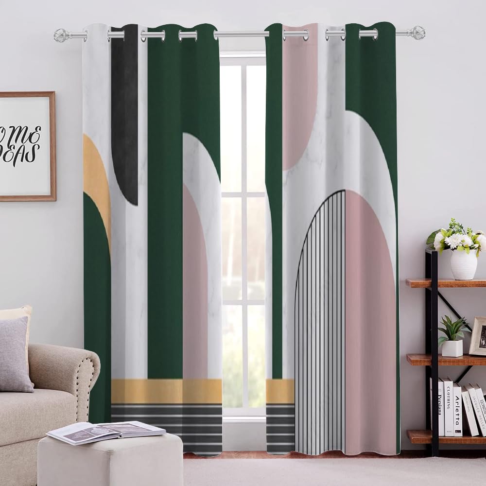 MELABE Pink Green Window Treatments, Irregular Geometry 3D Printed Drapes, Darkening Curtains with Top Grommet for Living Bedroom 2 x 100W x 214H cm