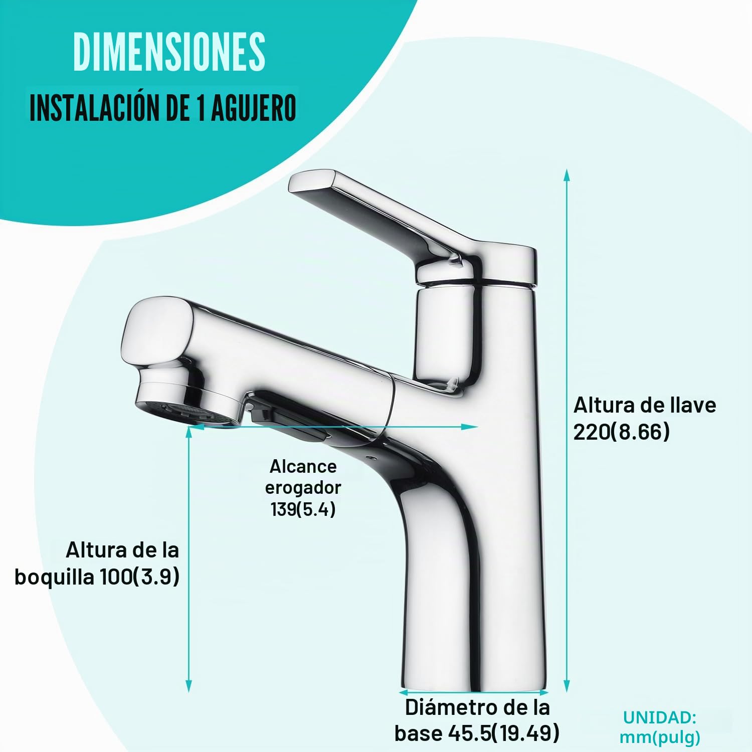 CREA Grifo Lavabo de Baño Extensible, Mezclador Monomando con Ducha, Latón Cromado pulido