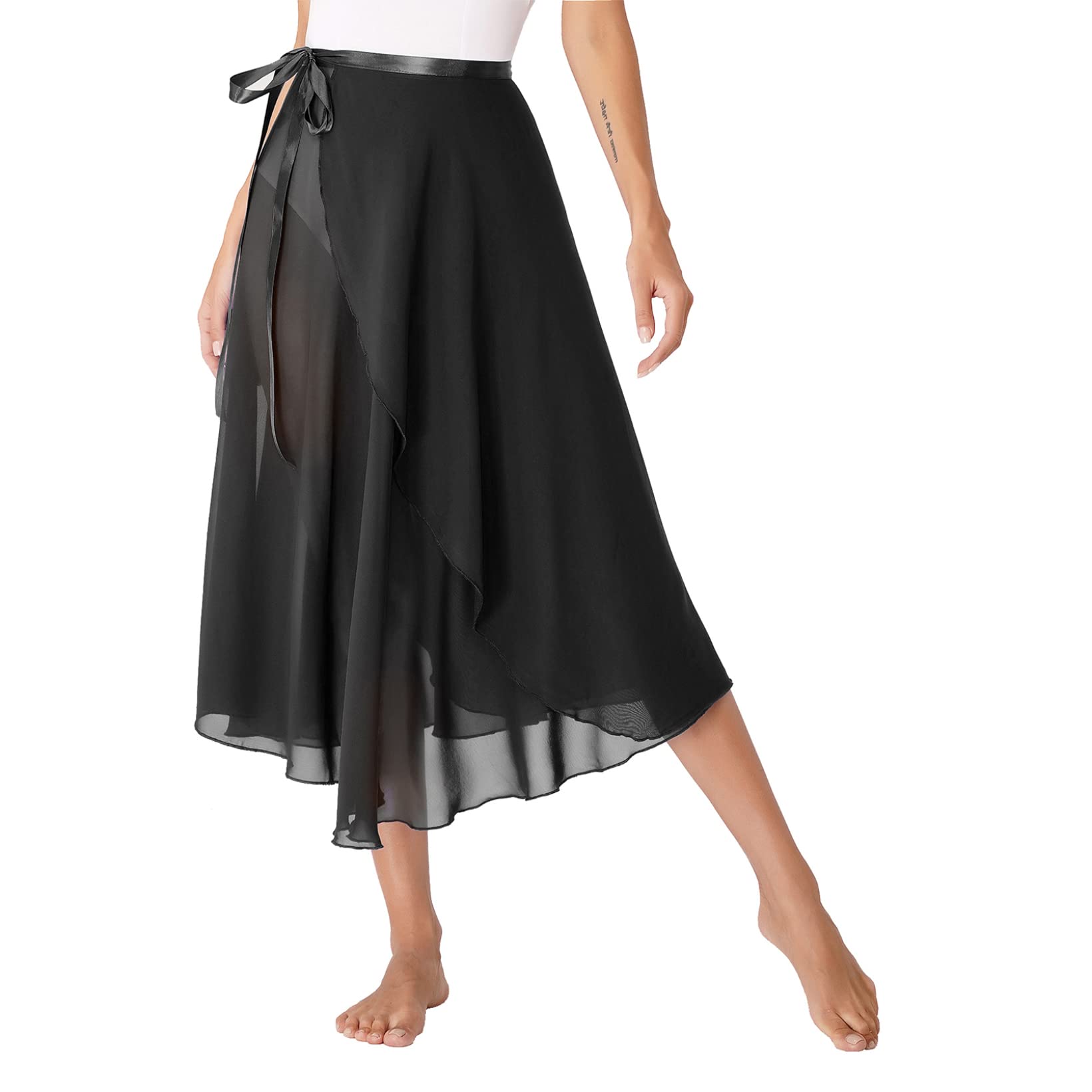 JanJean Women Sheer Chiffon Midi Wrap Skirt Ballet Lyrical Dance Skirt Hip Scarf High Waist Overlay Black One Size
