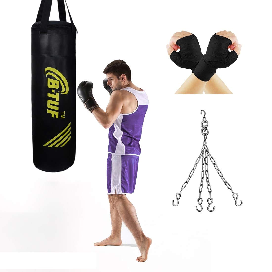 B-TUF UNFILLED Heavy Premium PU Punching Bag MMA Sparring Training Kick Boxing Martial Arts with Hand Wrap & Hanging Chain (Black/Yellow) 4 Feet (B08L23D224) Amazon Price History, Amazon Price Tracker