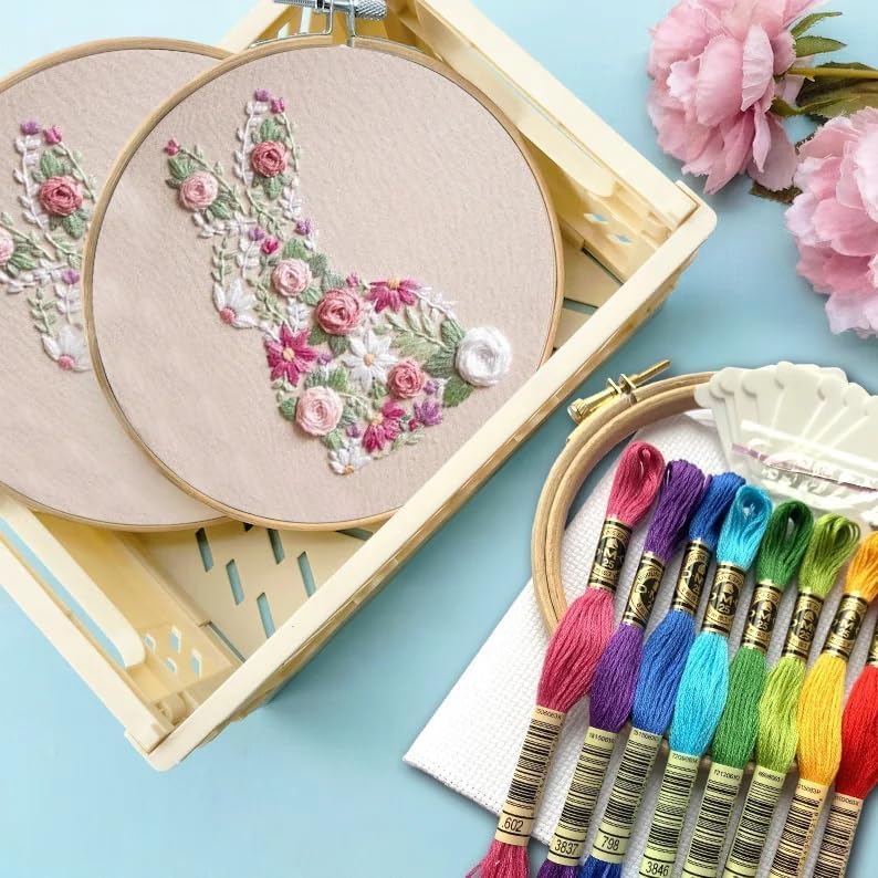 Image of YOUDRN Bunny in Bloom Easter Embroidery Kit for Beginners, Embroidery Kits for Adults,DIY Hand Bunny Embroidery Easter Cross Stitch Starter Set with Pattern,Threads,Needles,Instruction,20cm Hoop