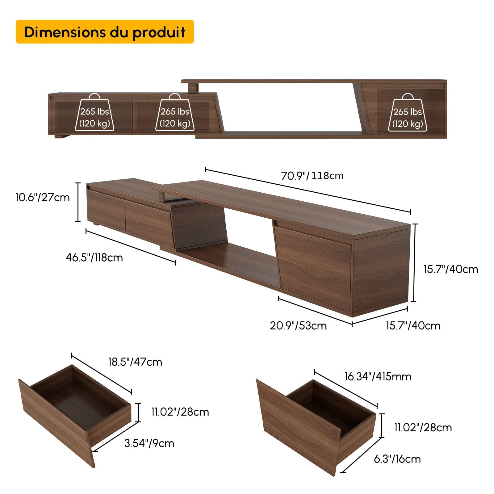 Homary Meuble TV Extensible Bois Noyer 180-280cm Longueur avec 3 Tiroirs Spacieux, MDF Écologique, Rangement Ouvert, Design Moderne pour Salon, Installation à Gauche/Droite