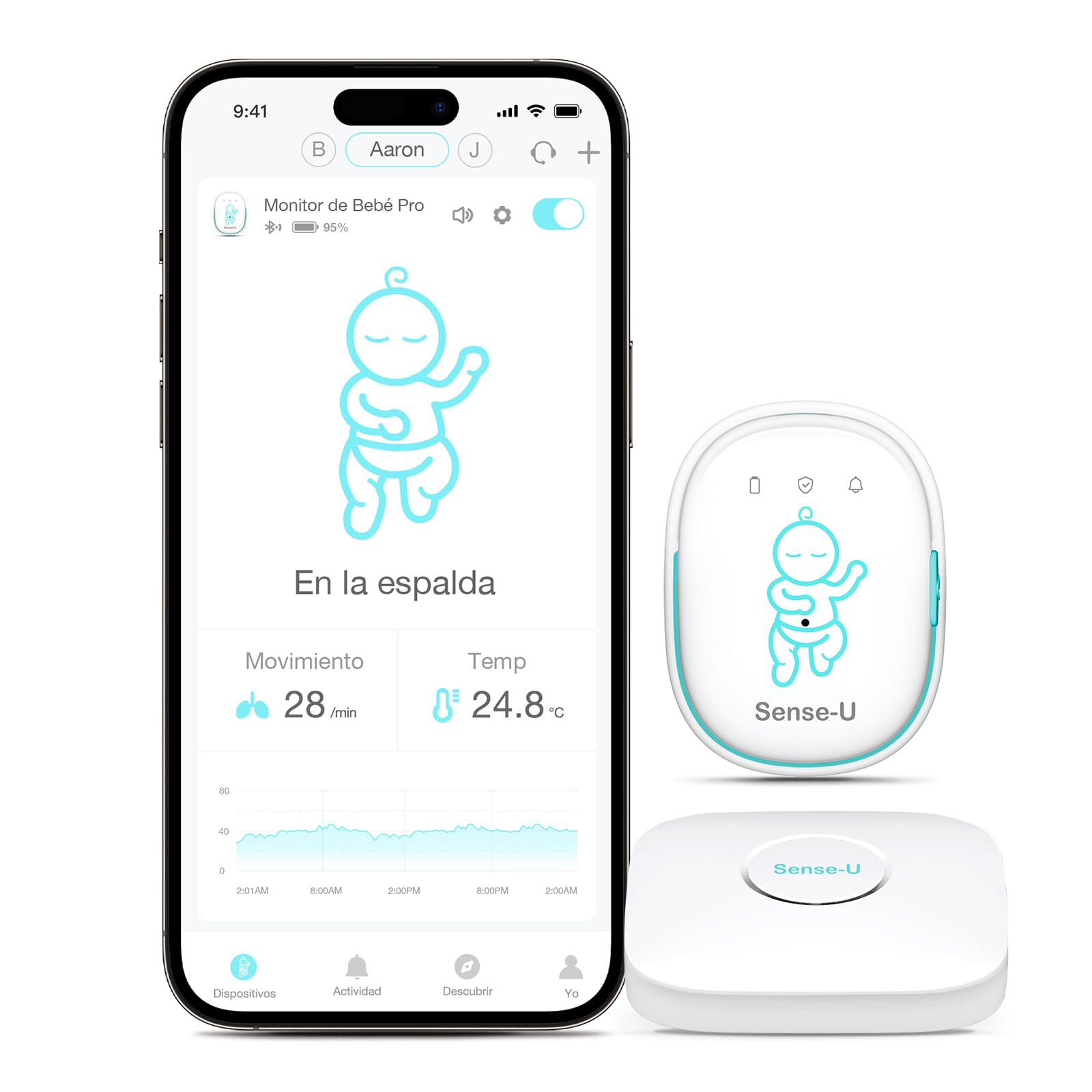 Sense-U Smart Baby Monitor Pro: Notificaciones en Tiempo Real de Movimiento Abdominal, vuelco, sensación de Temperatura y Humedad en Cualquier Momento (Monitor de bebé Pro + estación Base)
