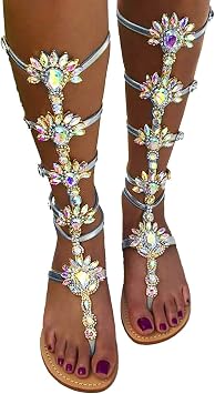 ZBYY Womens Rhinestone Flat Sandals,Flip Flops Beadeed Crystal Jeweled Sandal Summer Gladiator Beach Outdoor Dress Sandals