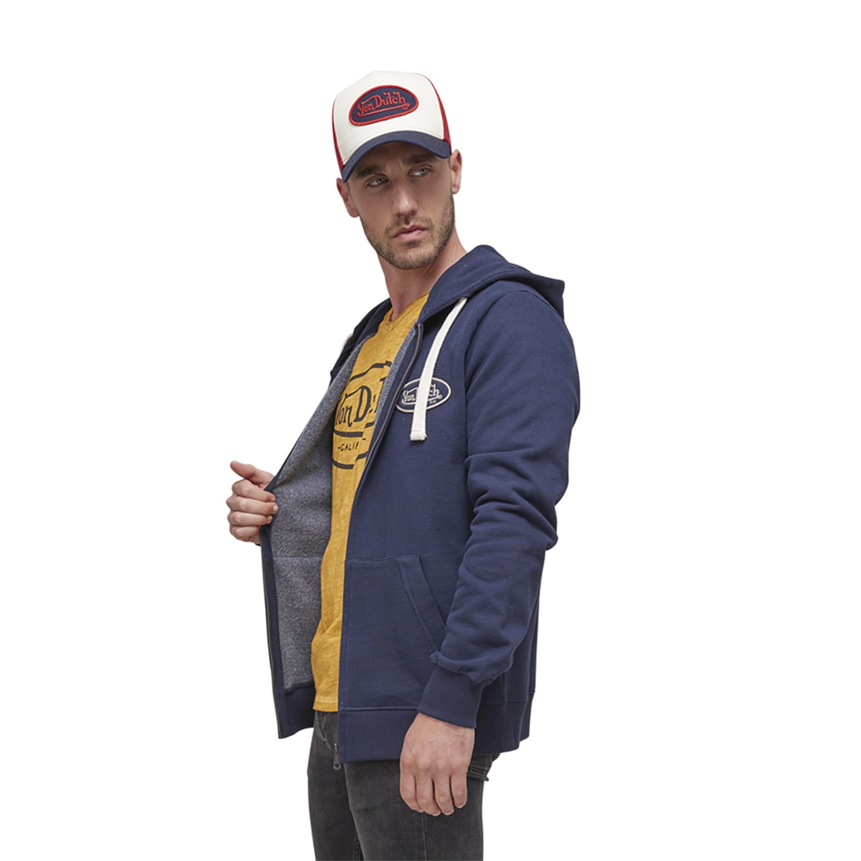 Von Dutch Sudaderas Hombres con Capucha Camp, con Cremallera, Azul NV (S) | Hombre, Adulto, Sudadera Con cremallera, Con capucha, Forro: Afelpado, Tejido: Punto, Manga Larga, Streetwear