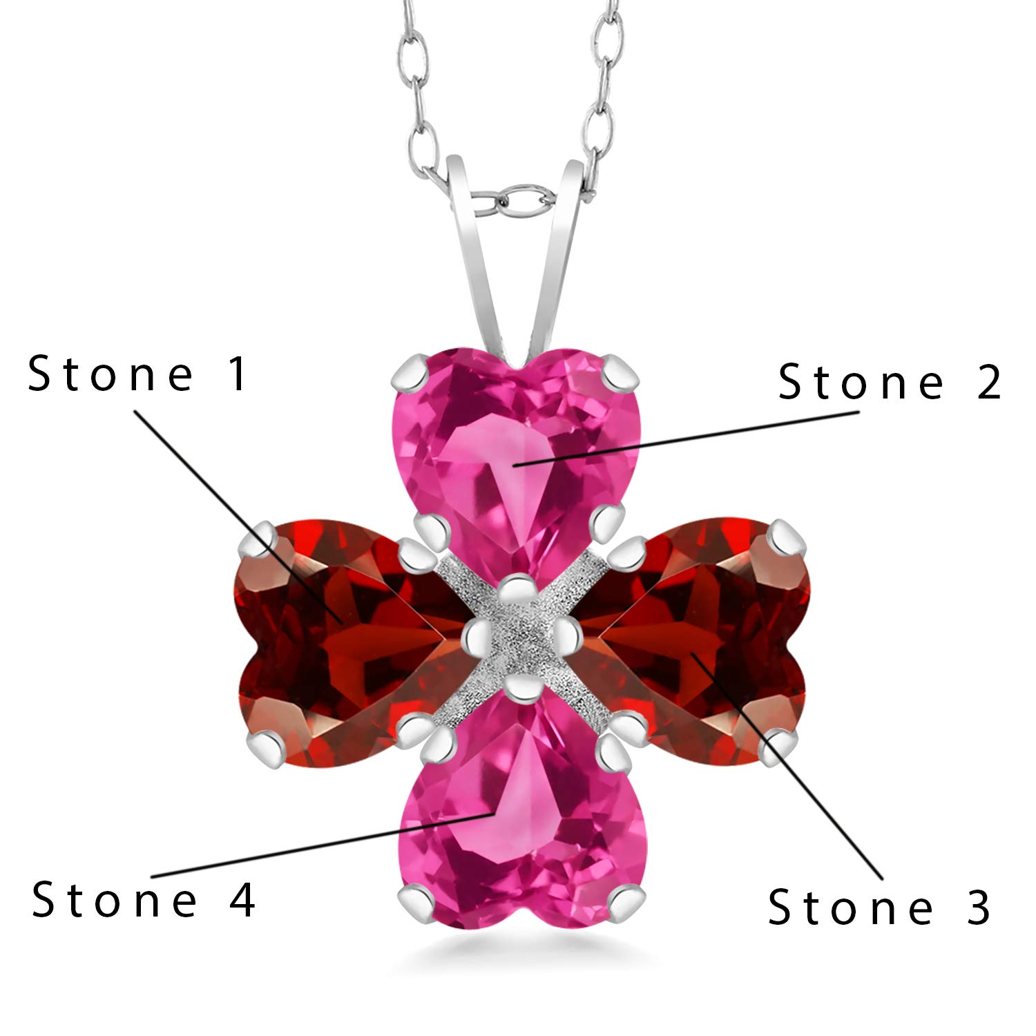 Gem Stone KingCustomized and Personalized 4 Heart Shape Pendant Necklace For Women | 925 Sterling Silver | Gemstone Birthstone Fashion Love Mothers Flower Blossom Necklace | With 18 Inch Silver Chain