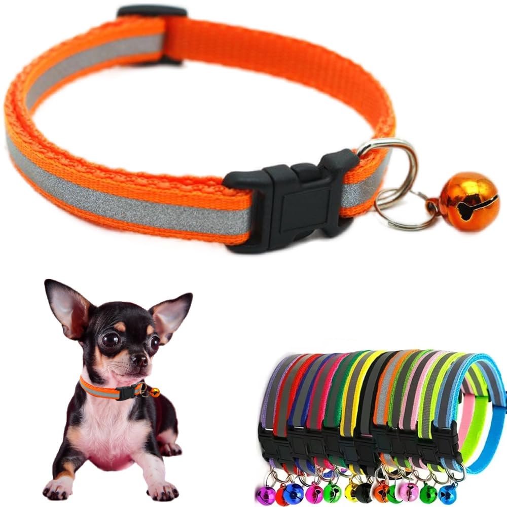 Orange Dog Collar with Bell, Reflective Small Cat Collars wIith Bell Soft Adjustable Buckle for XS XSmall Extra Small Puppies Female Male Tiny Pets