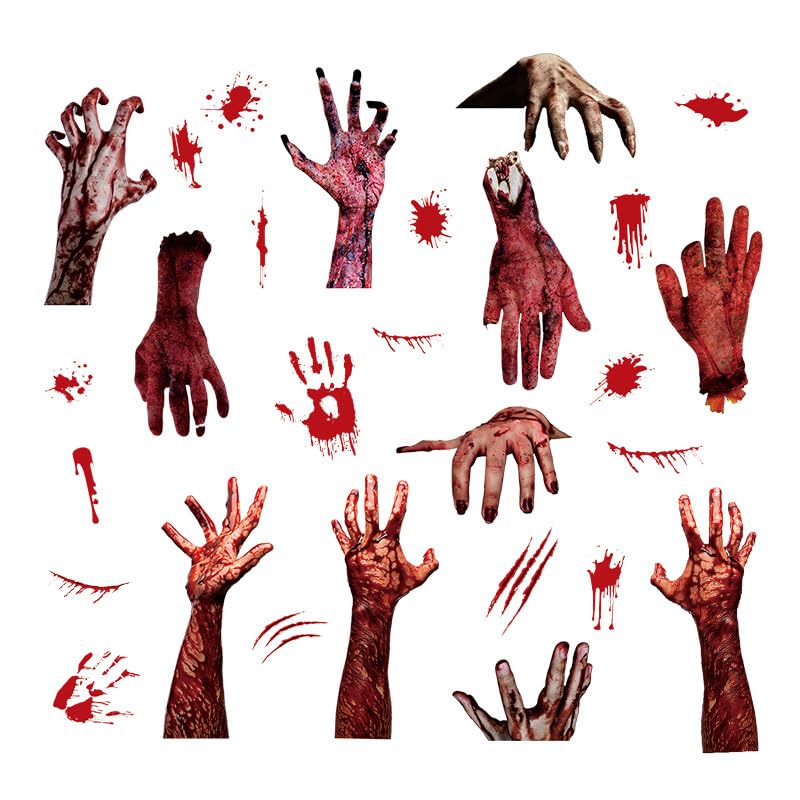 OUFEI 4 Pcs Halloween Wall Stickers Terrifying Bloody Hand Decals Floral Wallpaper Peel and Stick Fantasy Flower Butterfly Wall Decals for Halloween Window Bedroom Living Room Wall Decoration - Image 3