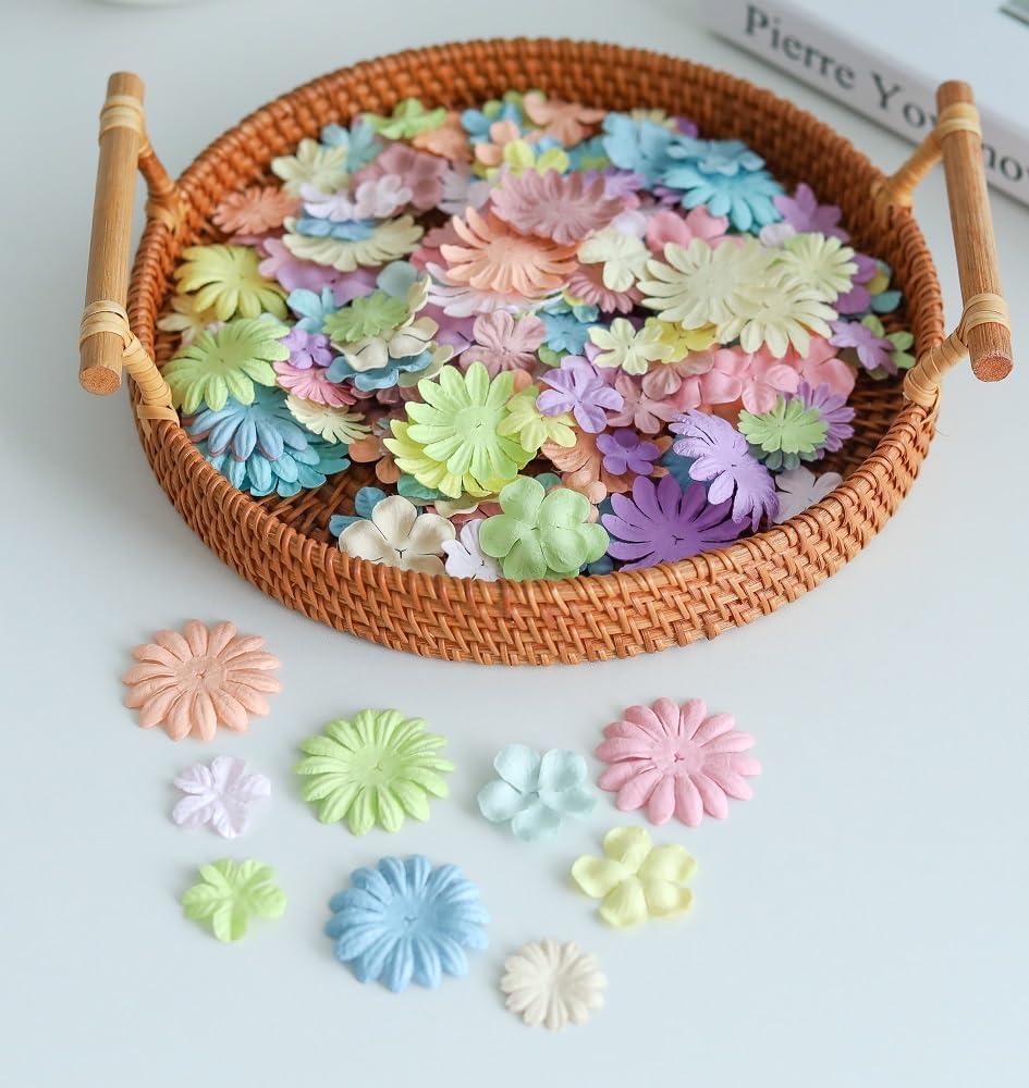 100 Pcs Handmade Mixed Mulberry Paper Flowers 18 mm - 1.5 Inch Scrapbooking Wedding DIY Craft Supplies Card (Pastels Tone) - Image 3