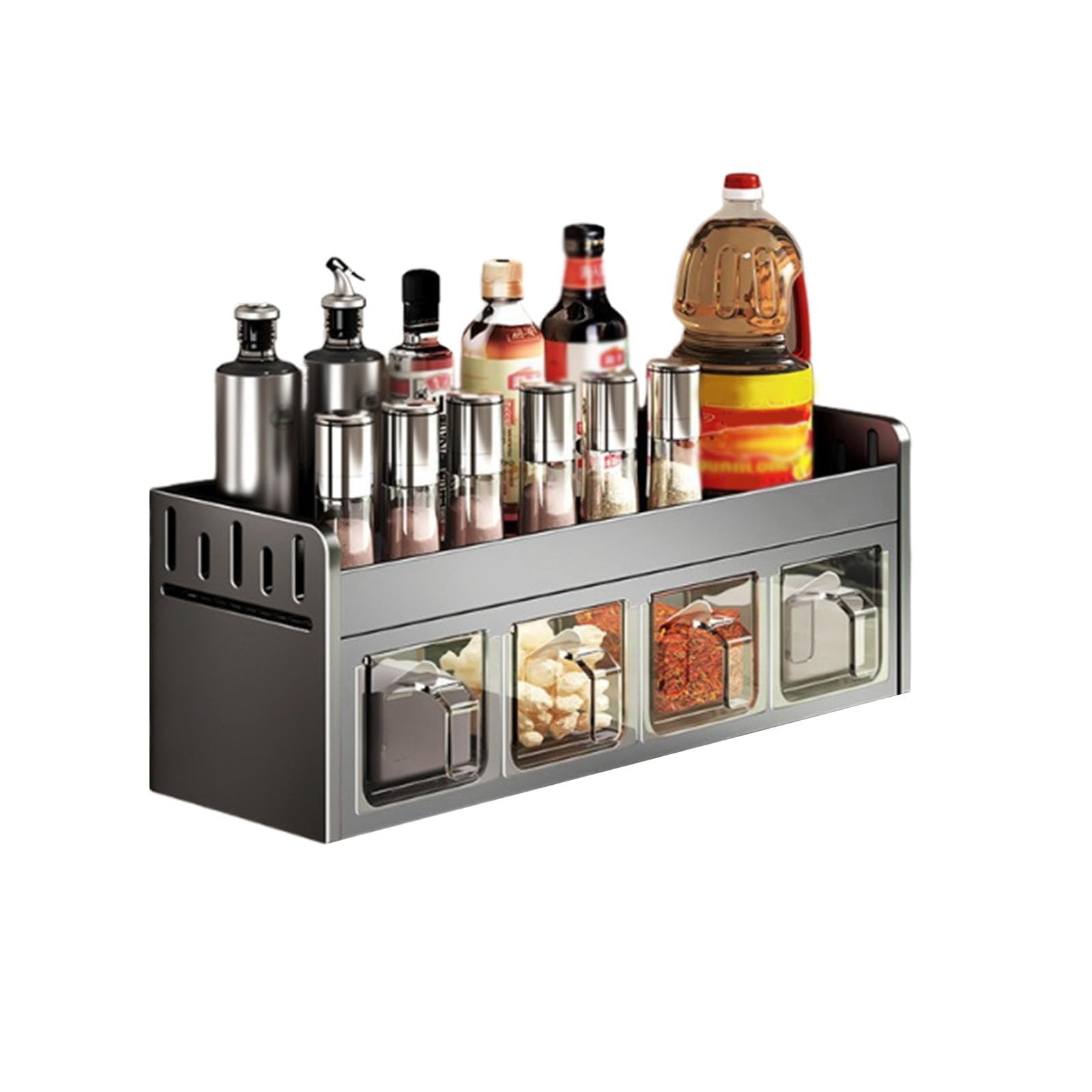 Portaspezie in alluminio – Nessuna foratura necessaria in piedi e montaggio a parete, design a 4 celle, per armadietto da cucina e barattoli per spezie, grigio