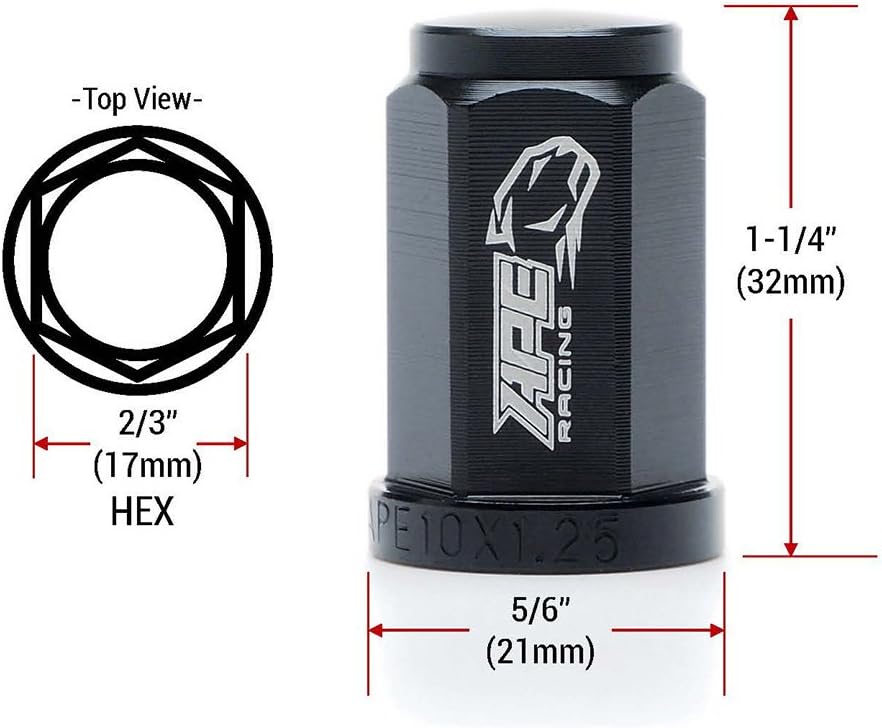 Black Flat Wheel Lug Nuts - APE RACING m10x1.25mm 17mm Hex Head Forged 7075-T6 Aluminum Flat Base Lugnuts (Pack of 16) for ATV Quad, Extremly Light Weight and Corrosion Resistance