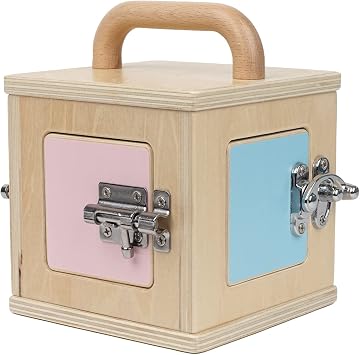 Montessori Wooden Lock Box with 4 Doors Fine Motor Skills Activity Board for Toddlers 1-4, Problem Solving Toy with Different Lock Mechanisms, Natural Beech Wood Educational Gift