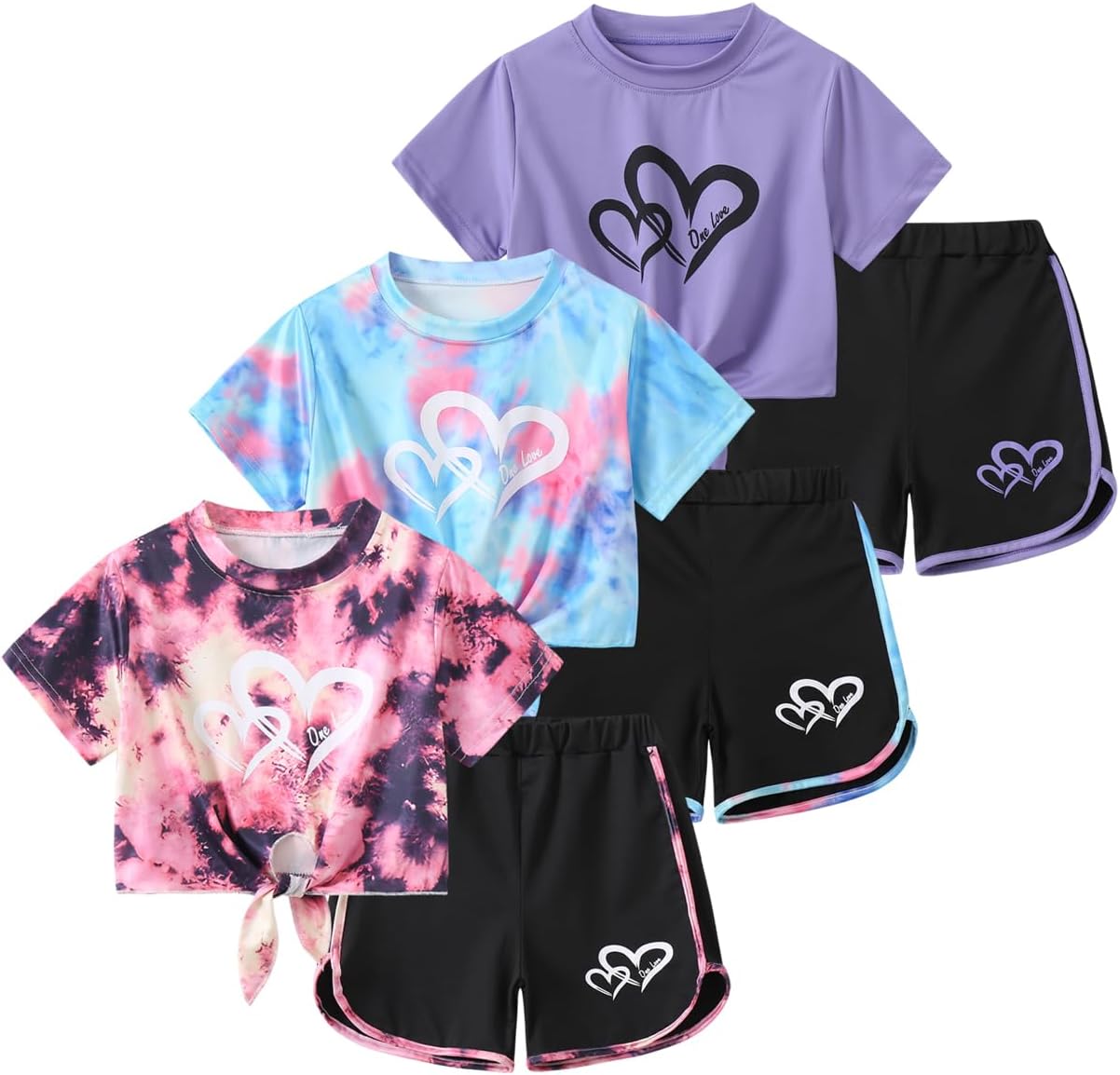 Girls 6 Pieces Summer Outfits Casual Short Sleeve Tee Tops and Dolphin Shorts Set 4-12Y