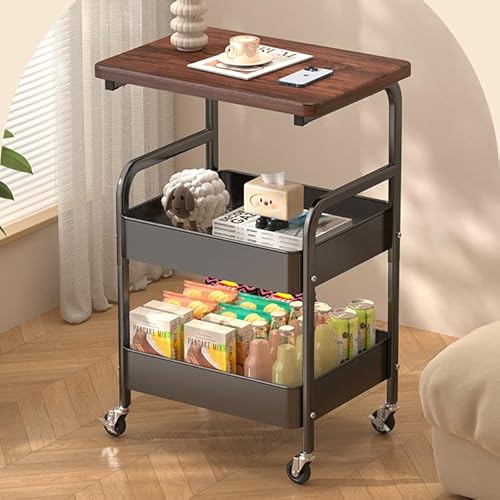Image of WINRIOO 3 Tier Rolling Utility Cart Organizer with Walnut Table Top, Metal Stable and Sturdy Rolling Storage Carts with 2 Lockable Wheels for Kitchen，Snacks，Coffee，Bathroom，Makeup，Craft