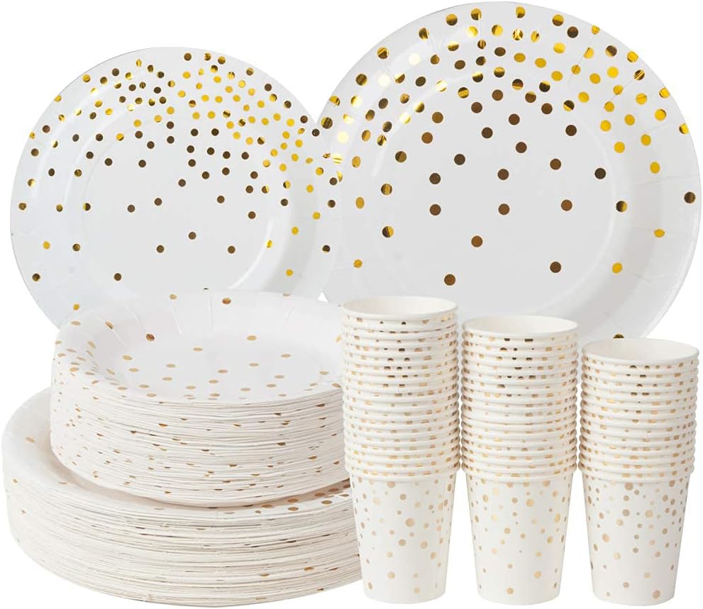 Mpartido White and Gold Party Supplies Paper Plates and Cups Serves 50 Guests;Gold Confetti Dinnerware 50 Dinner Plates 50 Dessert Plates and 50 Cups for Baby Shower Birthday Bridal Shower Wedding