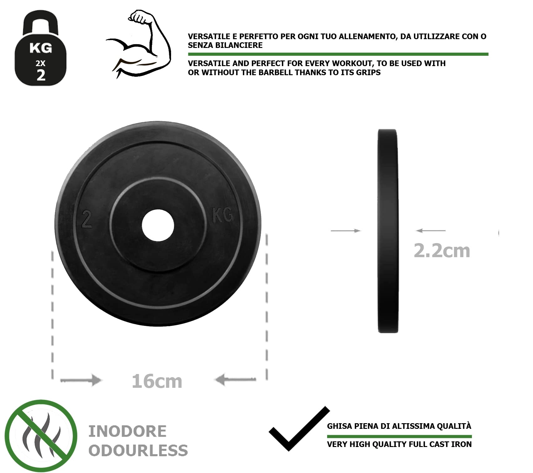 G5 HT SPORT Dischi Ghisa Gommati Ø Foro 25 mm per Palestra E Home Gym da 0.5 A 20 kg per Manubri E Bilancieri