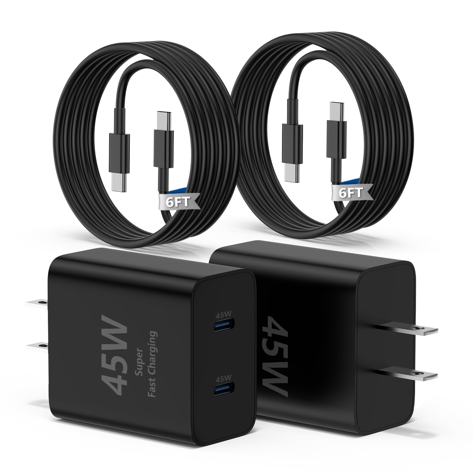 Susnwere 2port 45W C Wall Charger Compatible with Samsung S25/S24 Ultra,2-Pack Super Fast Wall Charger with 6.6ft USB C Cables, PD 3.0 & PPS for Galaxy S25 Ultra/S24 /S23 Android Phones